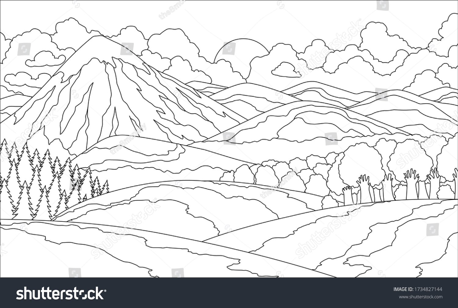 Summer mountain landscape coloring book valley stock illustration