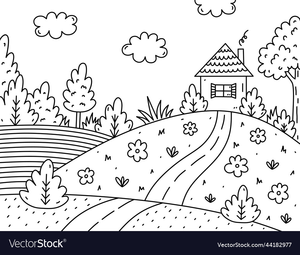 Cute kids coloring page with landscape royalty free vector