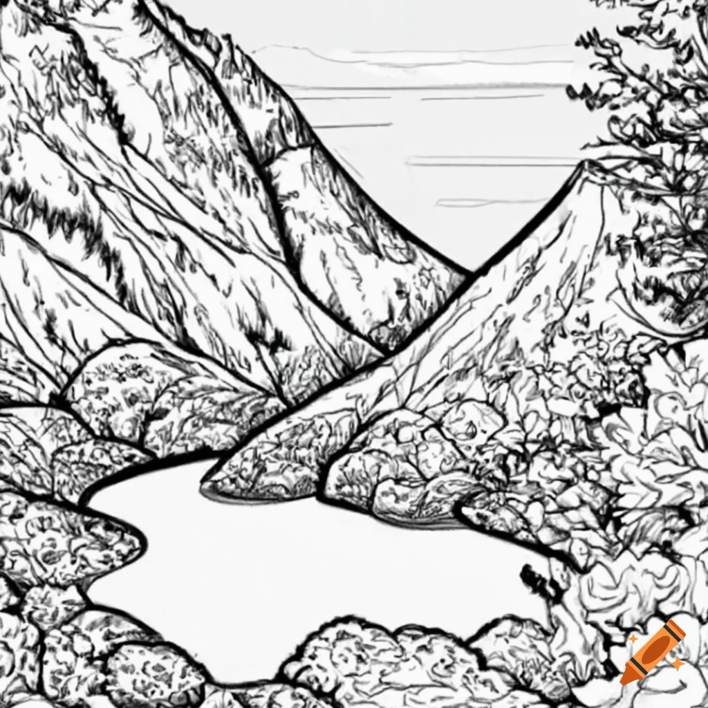 Black and white landscape coloring page on