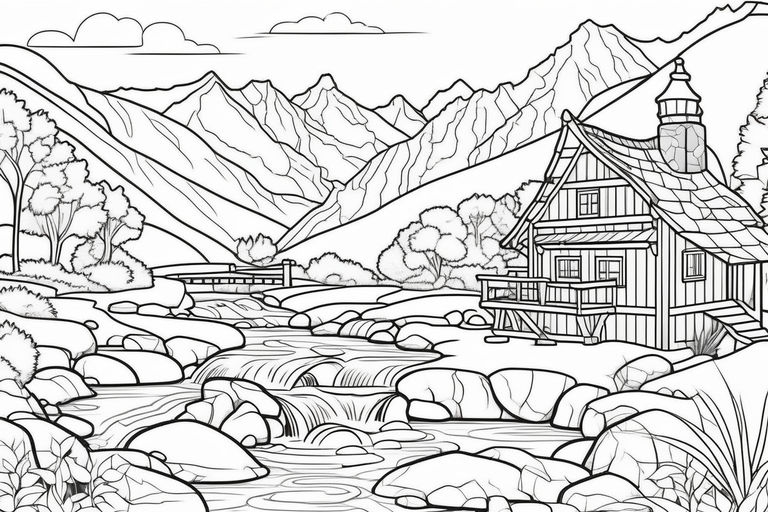 Generate very simple colorless landscape line art for coloring book