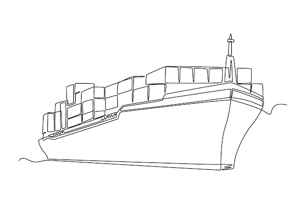 Kontinuierliche einzeilige zeichnung frachtschiff mit containern im hafen frachtkonzept vektorgrafik