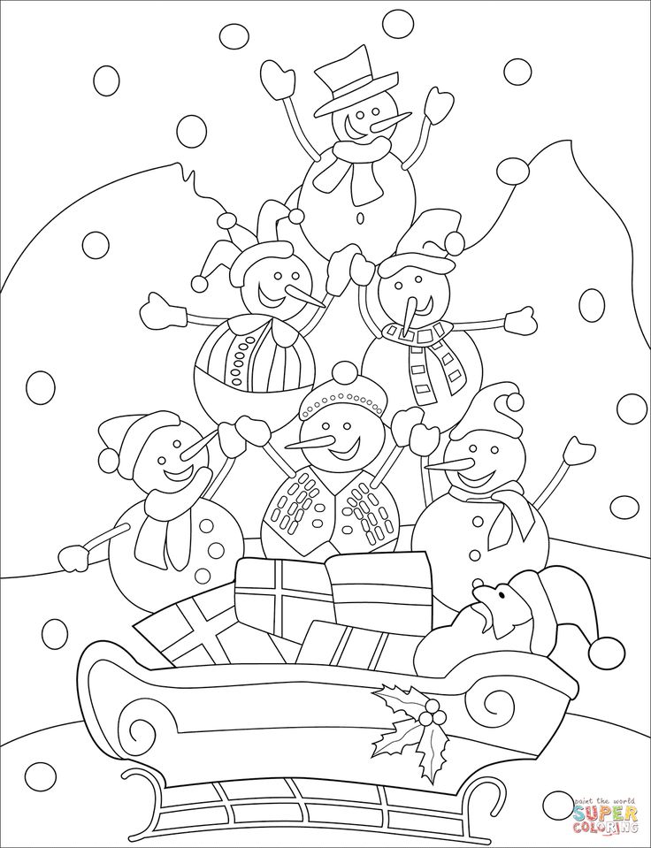 Snowmen with santa on a sled coloring page free printable coloring pages snowman coloring pages coloring pages santa coloring pages