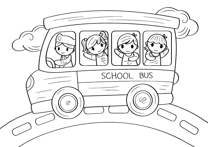 School bus with children coloring page