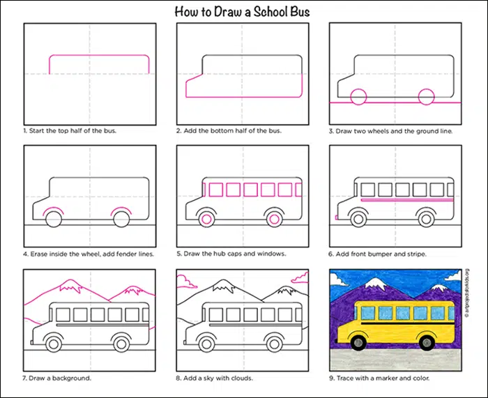 Easy how to draw a school bus tutorial and bus coloring page