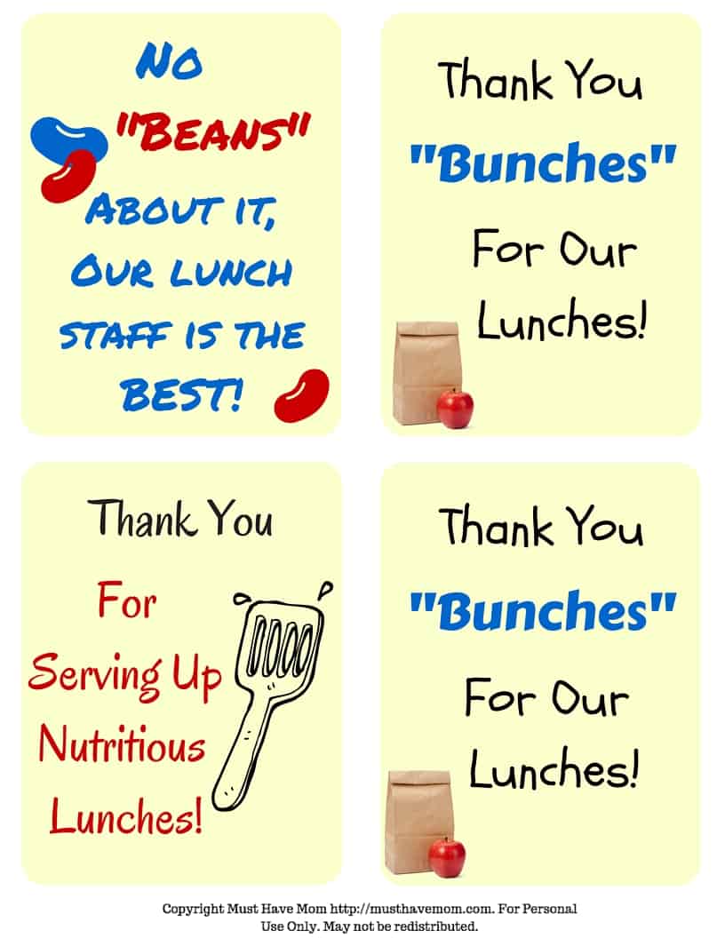 Free school lunch hero day printable thank you cards for cafeteria staff