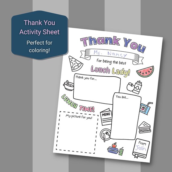 Thank you lunch lady activity sheet teacher appreciation back to school coloring sheet thank you card