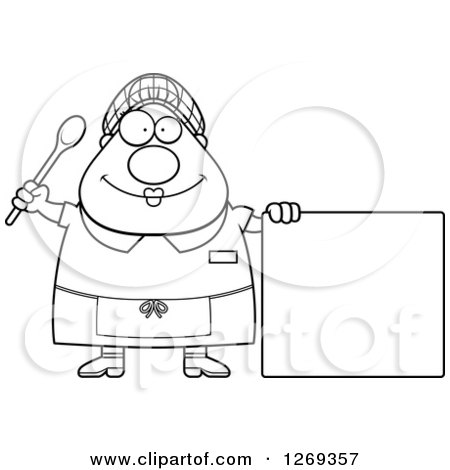 Clipart of a black and white cartoon chubby happy lunch lady