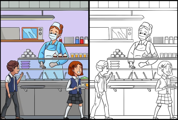 Premium vector lunch lady coloring page colored illustration
