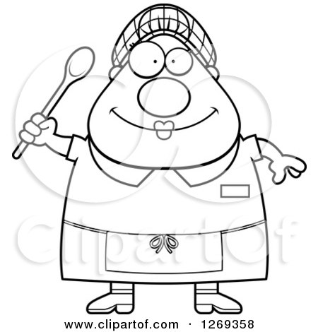 Clipart of a black and white cartoon chubby happy lunch lady