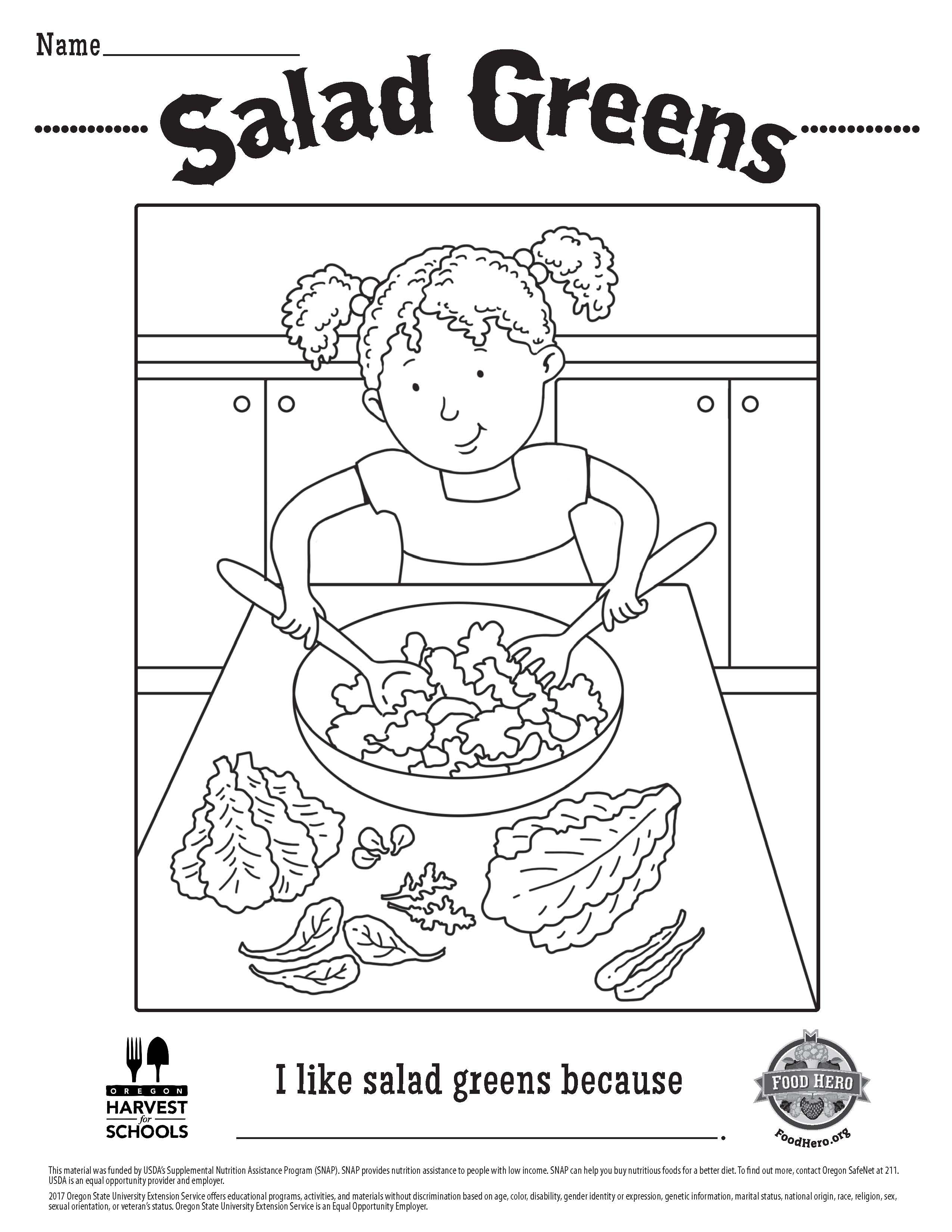 Food hero salad greens free printable childrens coloring sheet coloringpage school coloring pages vegetable coloring pages fruit coloring pages