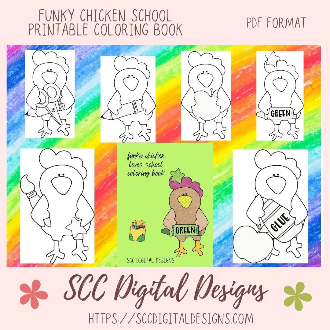 Funky chicken kids love school coloring book digital preschool colori â scc digital designs
