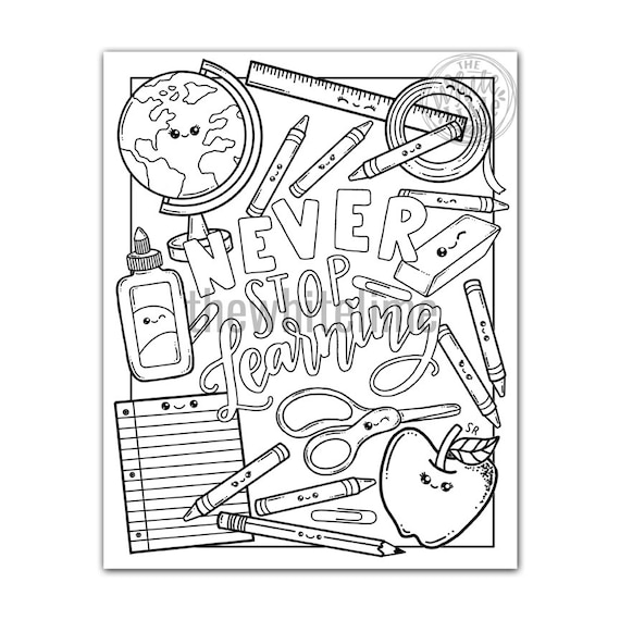 School supplies coloring page download kawaii coloring page coloring pages for kids and adults never stop learning kawaii art print