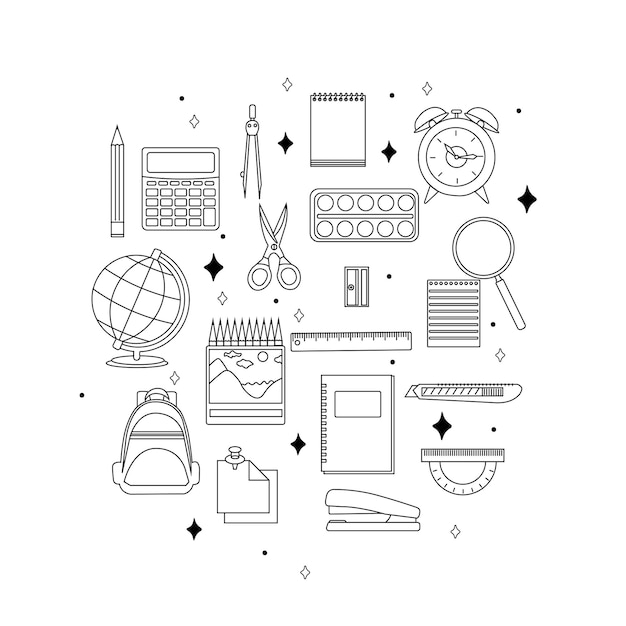 Premium vector school supplies illustration design school supplies icon design school supplies coloring page art