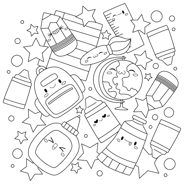 Premium vector hand drawn school supplies coloring book illustration