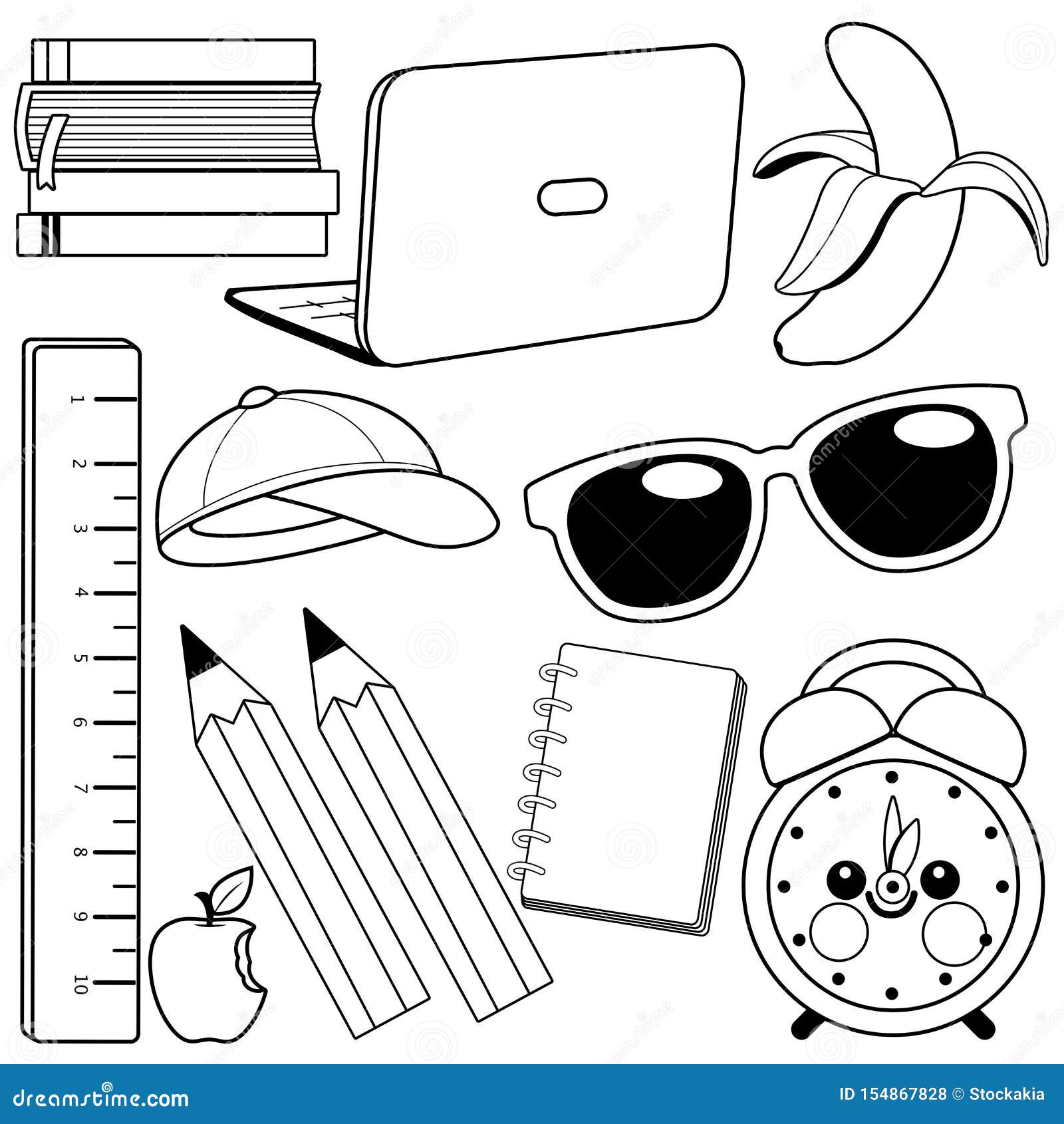 Cute school stationery and art supplies for students school objects vector black and white coloring page stock vector