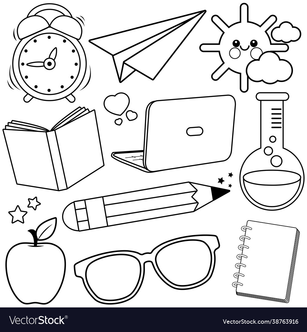 School supplies black and white coloring page vector image