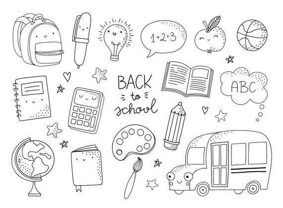 School doodle clipart digital stamps cute back to school supplies objects and icons kids coloring sheet instant download png