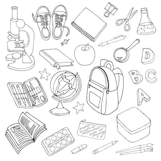 Premium vector school supplies set linear image black outline coloring page