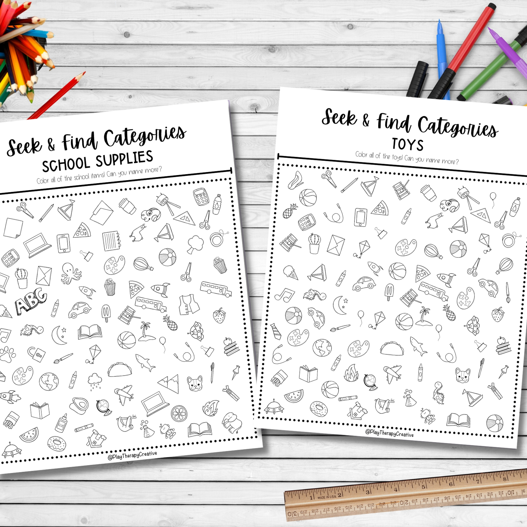 Seek find categories coloring pages for speech language therapy â play therapy creative