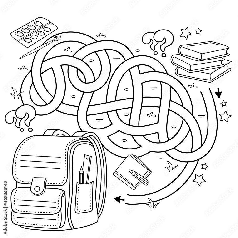 Maze or labyrinth game puzzle tangled road coloring page outline of cartoon children satchel or knapsack with books or textbooks school supplies coloring book for kids vector