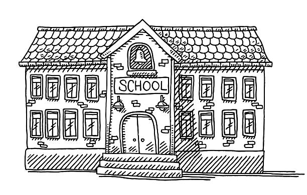 School building facade drawing stock illustration