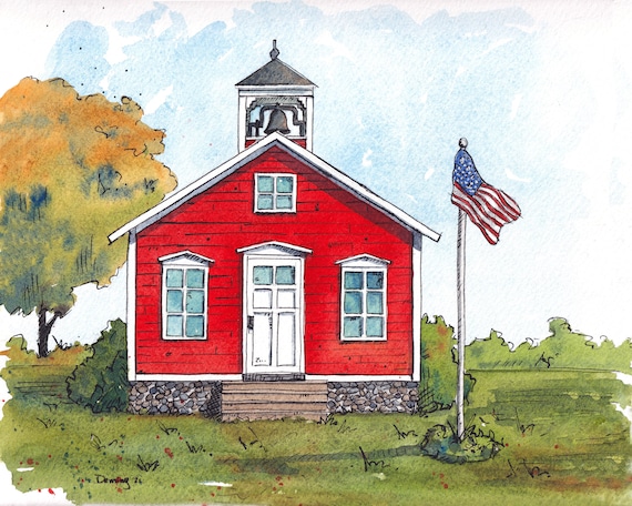 Schoolhouse sketch watercolor print