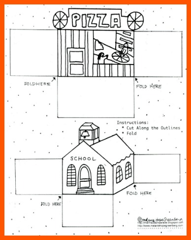 Free printable coloring page school and pizza parlor