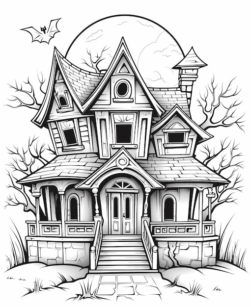 Premium ai image coloring book pages for kids abandoned haunted schoolhouse with spooky bats