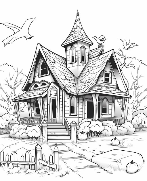 Premium ai image coloring book pages for kids abandoned haunted schoolhouse with spooky bats