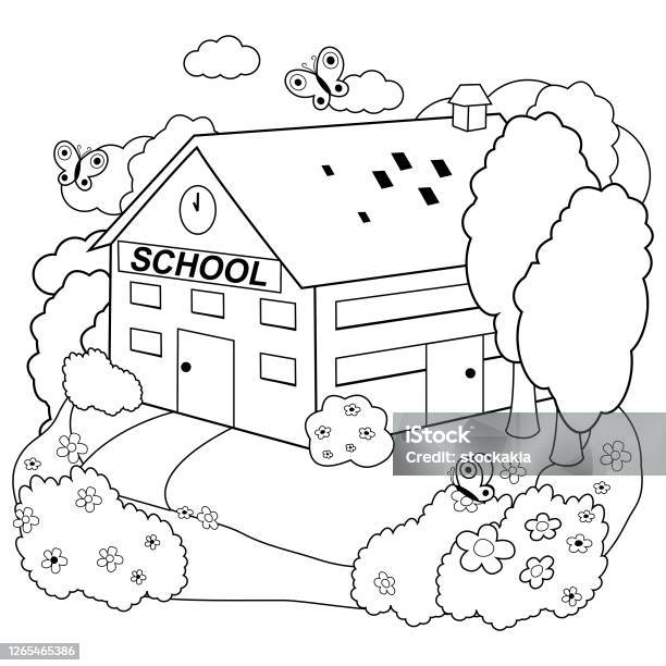 School building vector black and white coloring page stock illustration