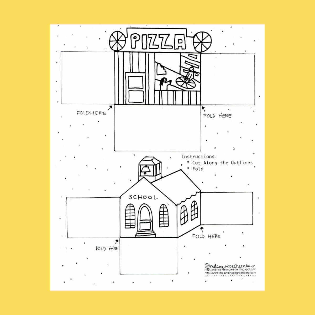 Free printable coloring page school and pizza parlor