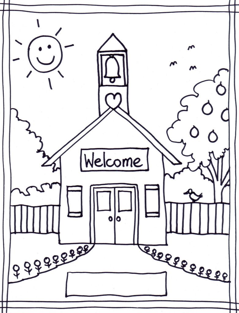 Printable coloring page of a schoolhouse