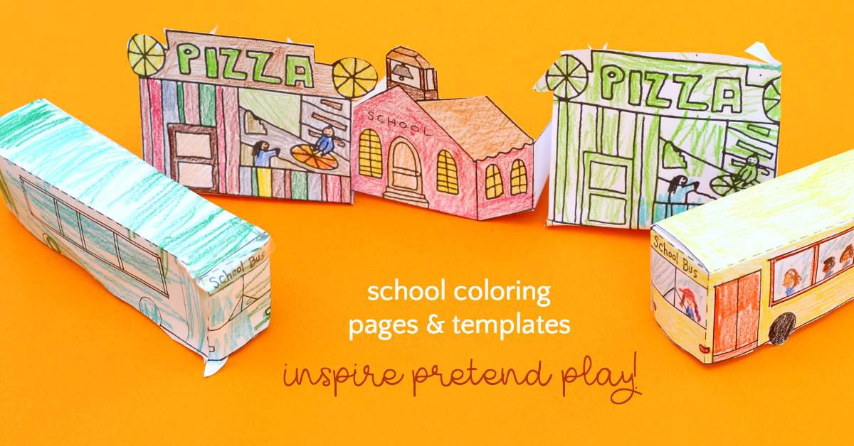 Free printable coloring page school and pizza parlor