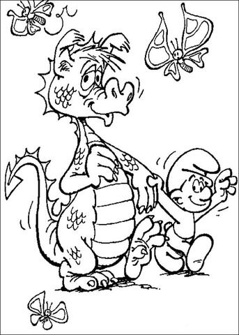 Smurf and dragon coloring page free printable coloring pages