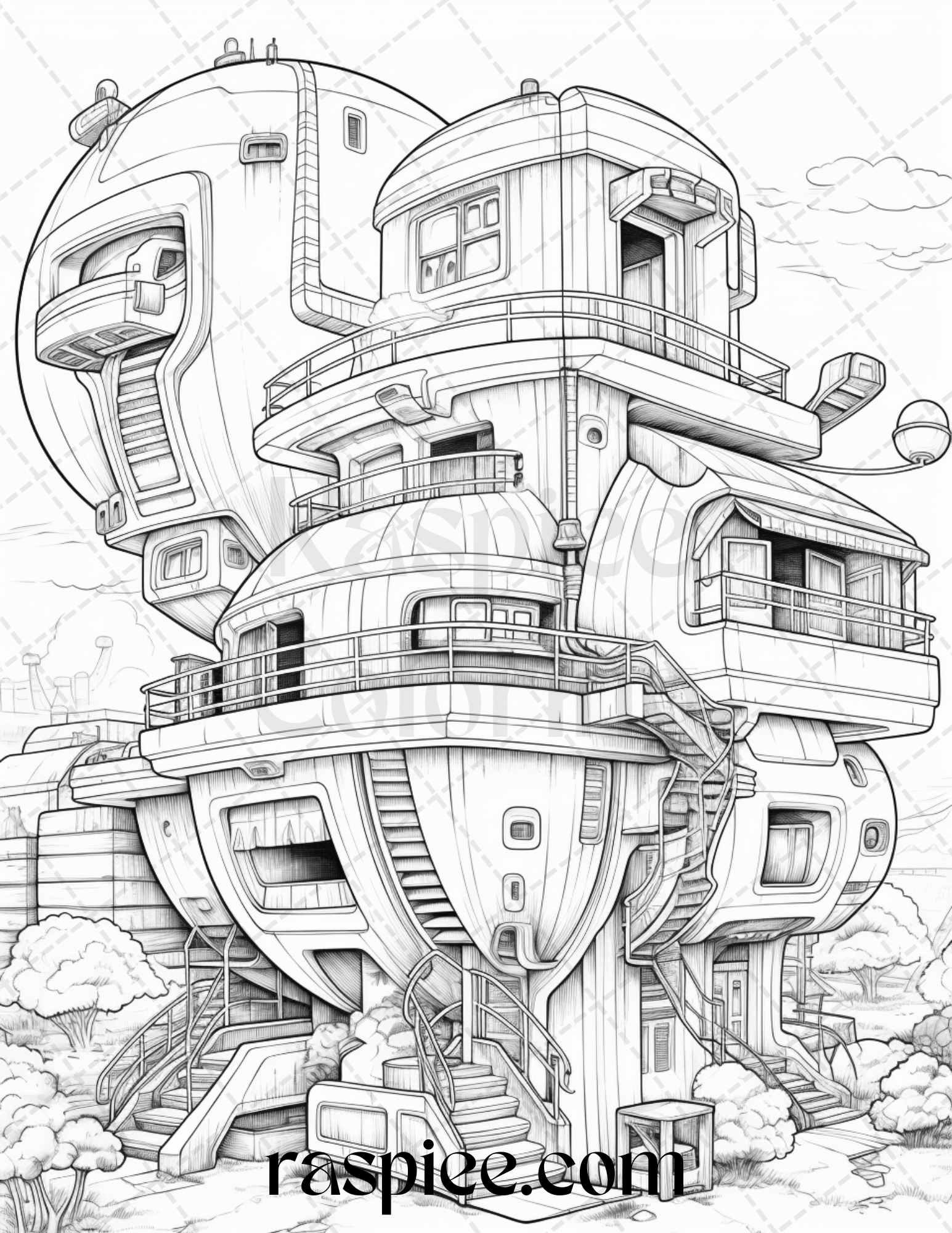 Futuristic houses grayscale coloring pages printable for adults pd â coloring