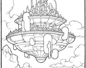 Sci fi coloring page sky city adult coloring pages