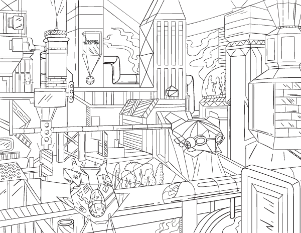 Futuristic cityscape adult coloring page