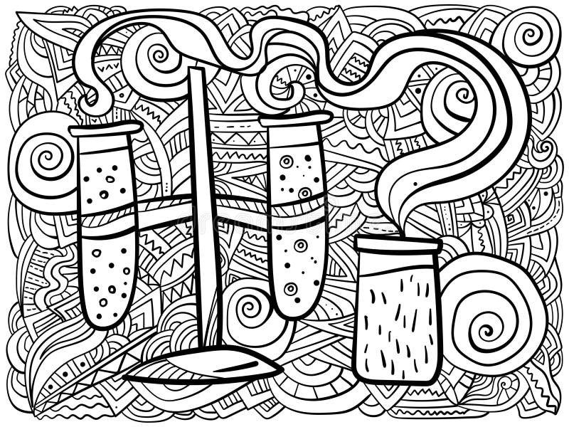 Meditative coloring page about laboratory and science test tubes and beaker with ornate patterns stock vector