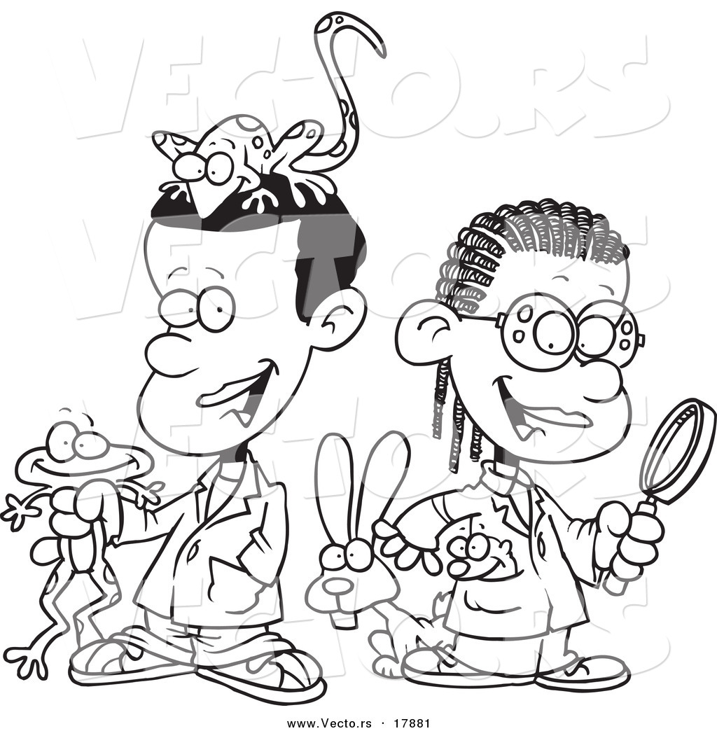 R of a cartoon black and white outline design of black school kids in a science lab with animals