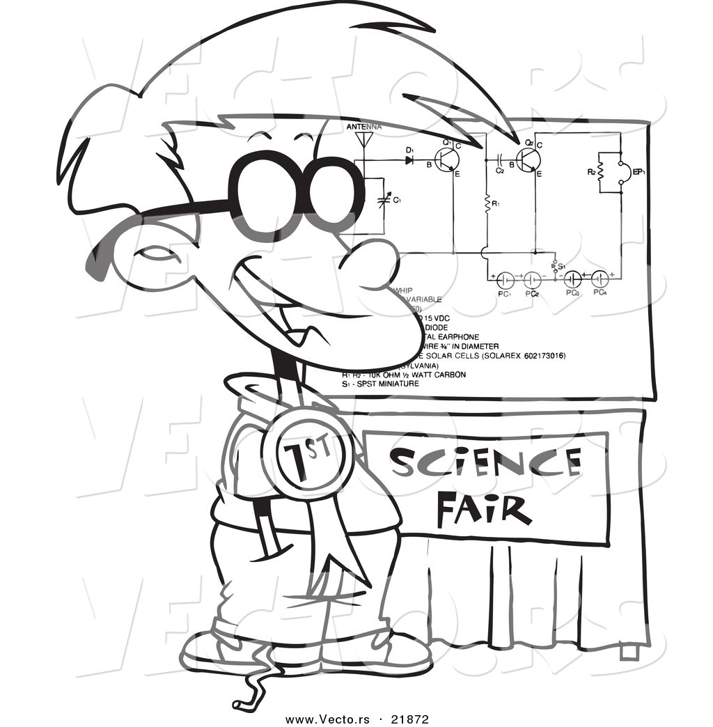 R of a cartoon science fair boy