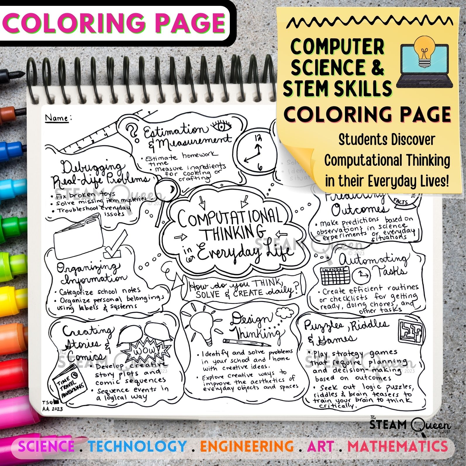 Puter science stem graphic notes coloring page putational thinking notes middle high school made by teachers