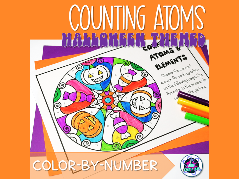 Halloween science counting atoms colour by number teaching resources