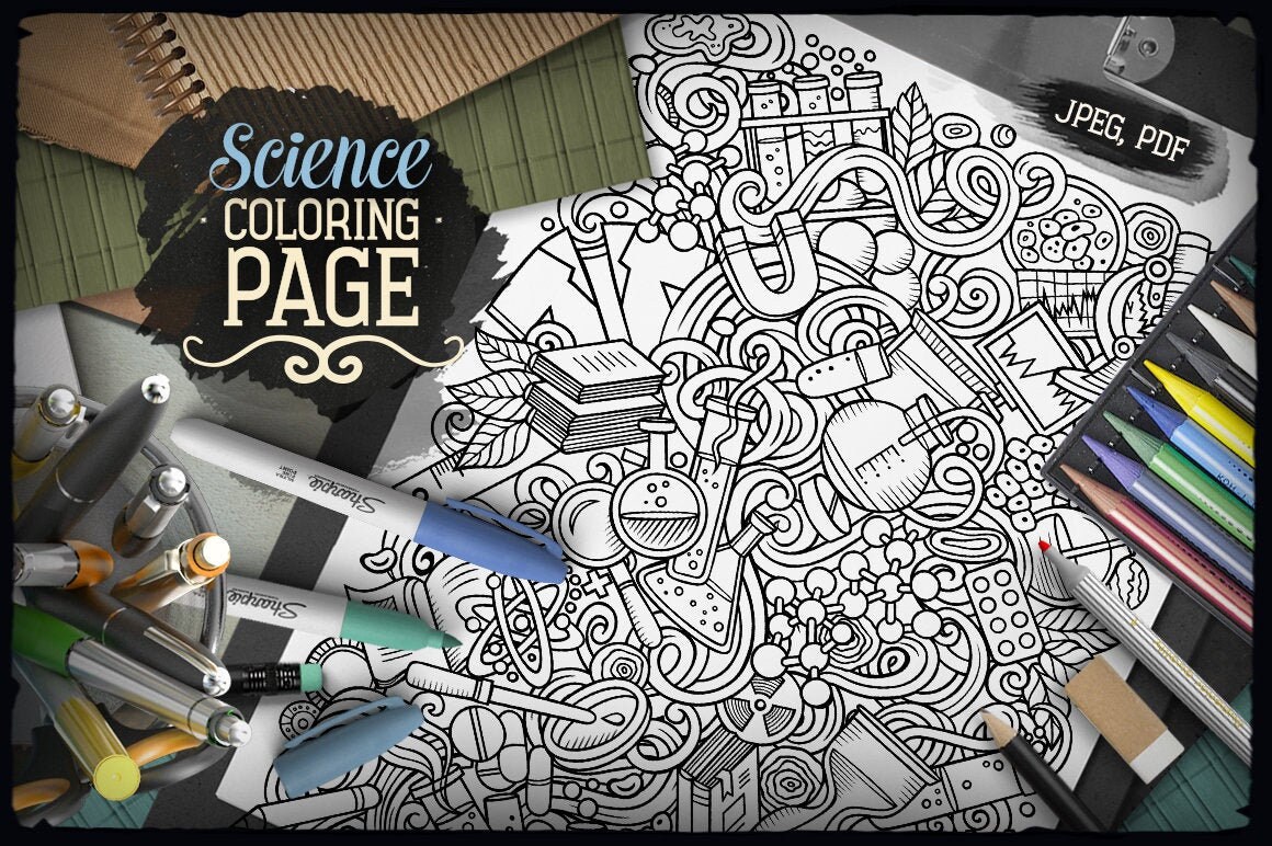 Science digital coloring page science doodle adult coloring book printable coloring sheet study cartoon illustration digital download