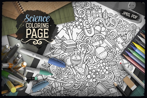 Science digital coloring page science doodle adult coloring book printable coloring sheet study cartoon illustration digital download