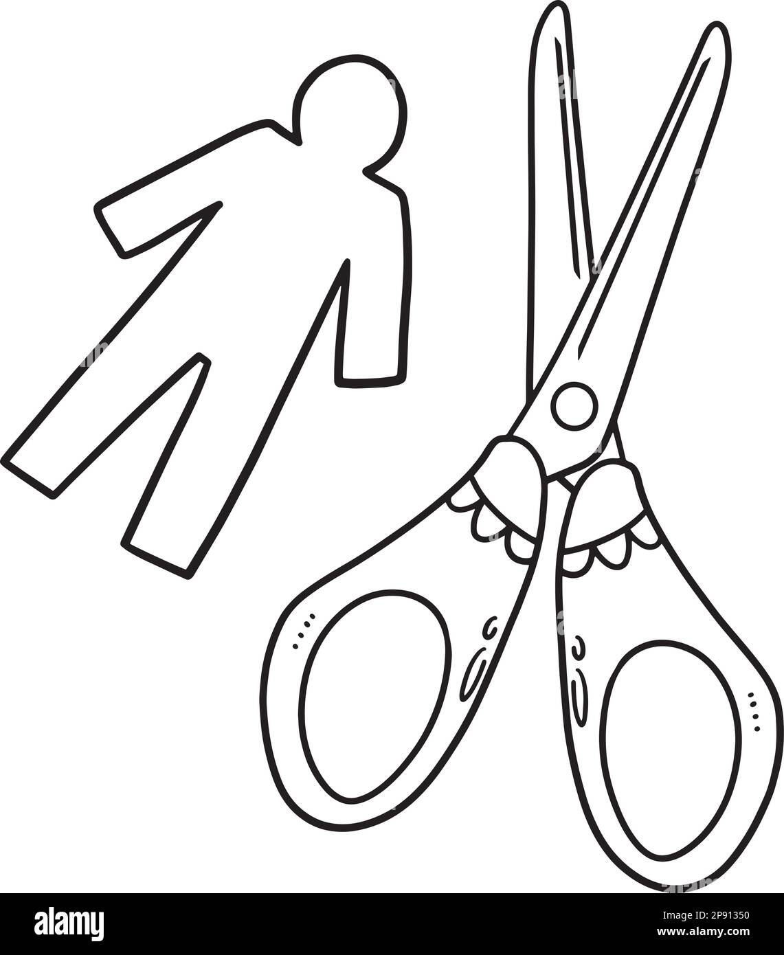 Scissors and paper doll isolated coloring page stock vector image art