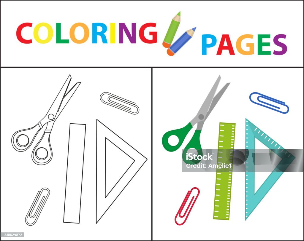 Coloring book page back to school set scissors ruler paperclips sketch outline and color version coloring for kids childrens education vector illustration stock illustration