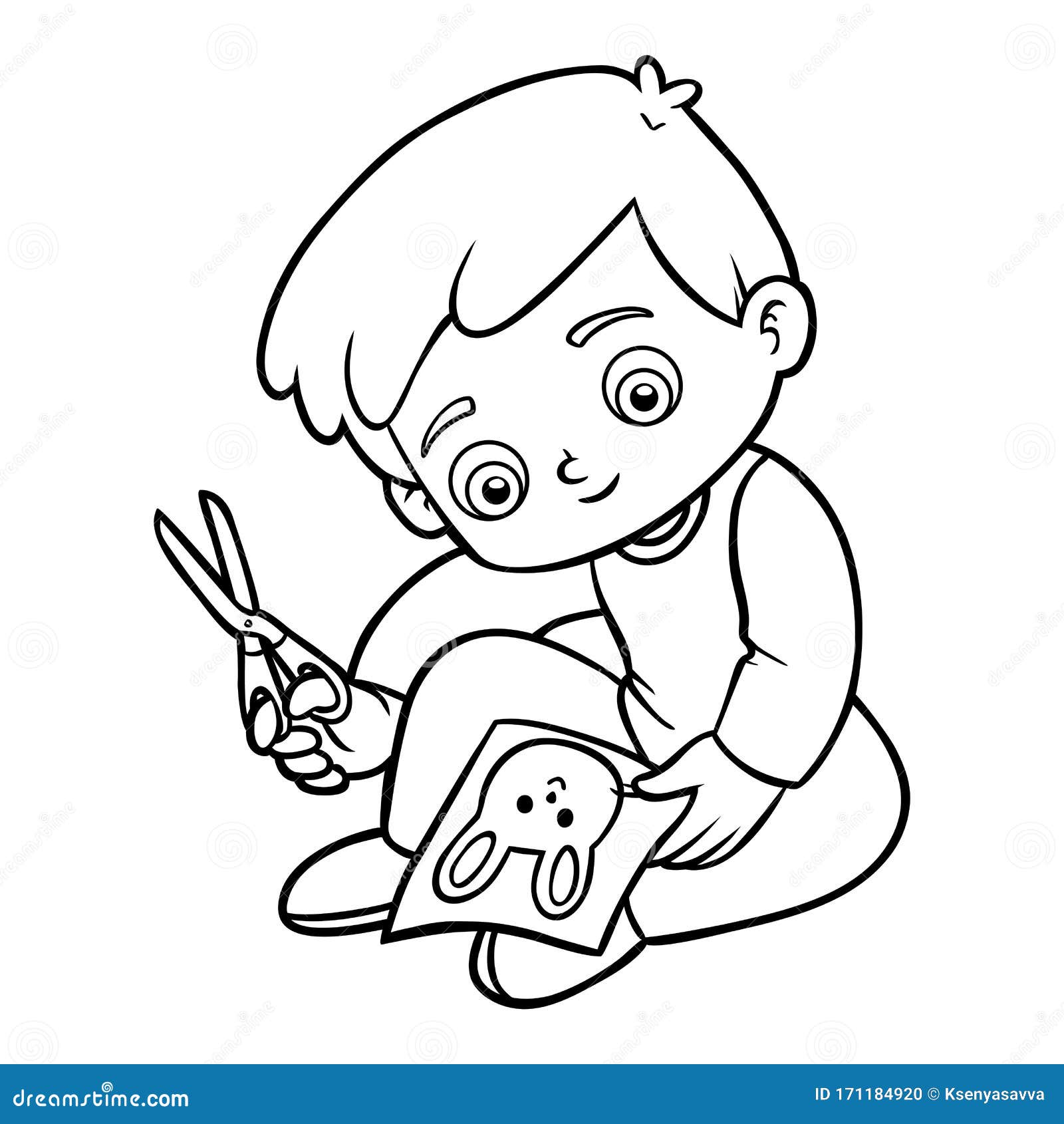 Coloring book boy cuts a picture with scissors stock vector