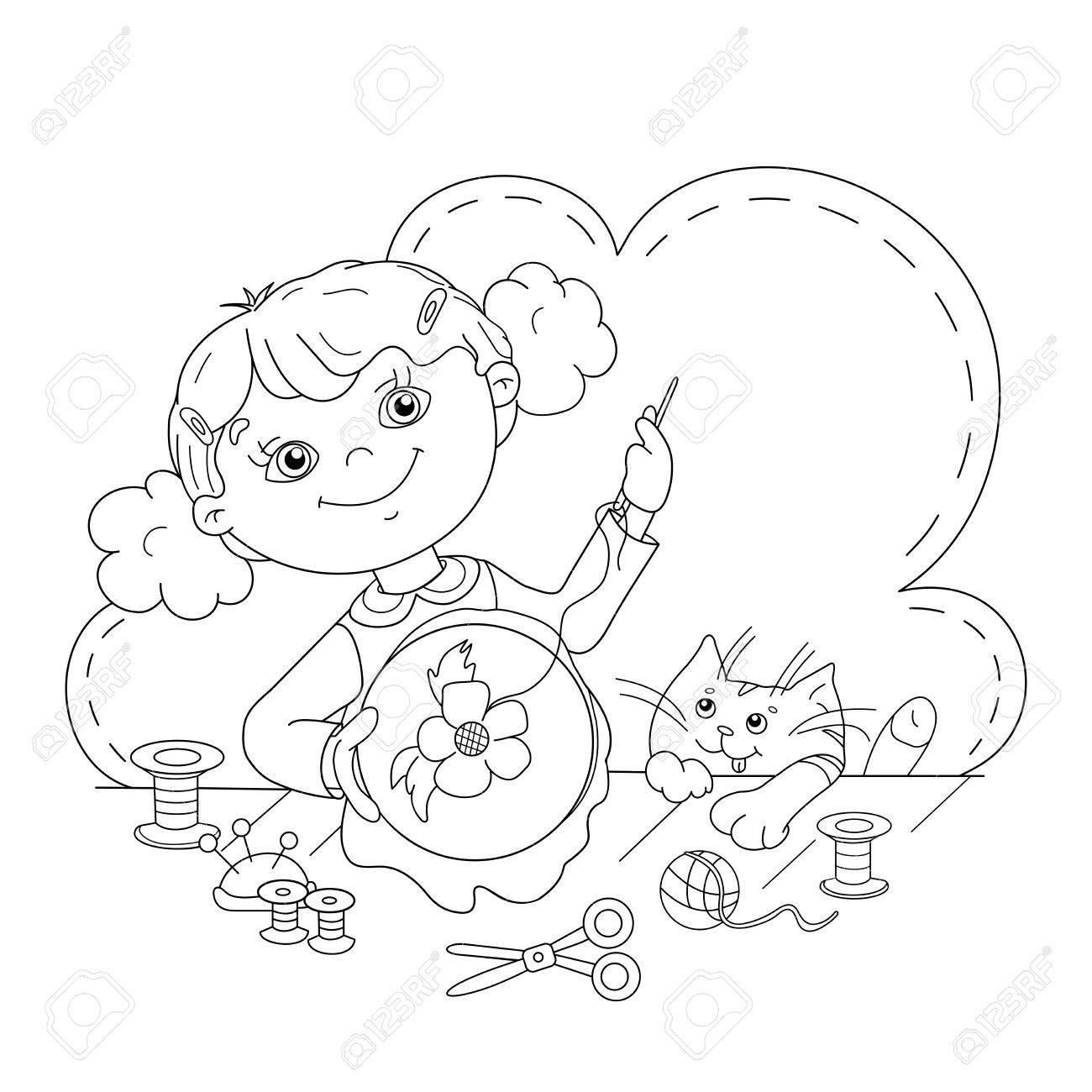 Coloring page outline of cartoon girl with thread needle and scissors embroidery needlework coloring book for kids royalty free svg cliparts vectors and stock illustration image