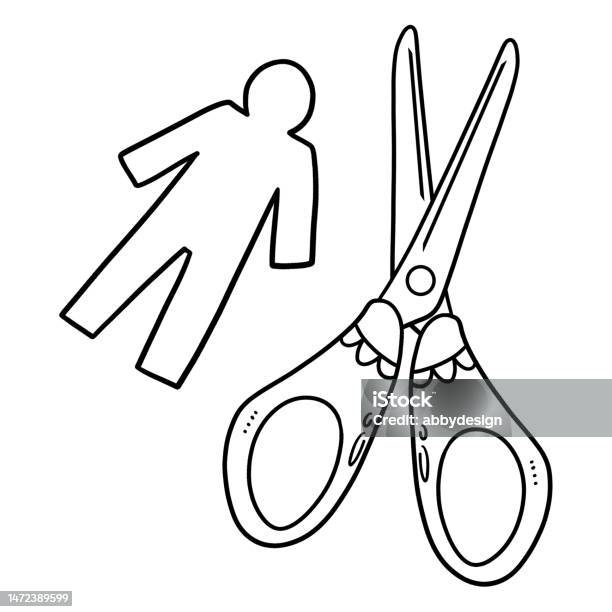 Scissors and paper doll isolated coloring page stock illustration