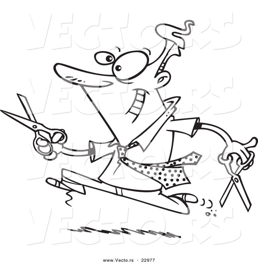 R of a cartoon businessman running with scisso